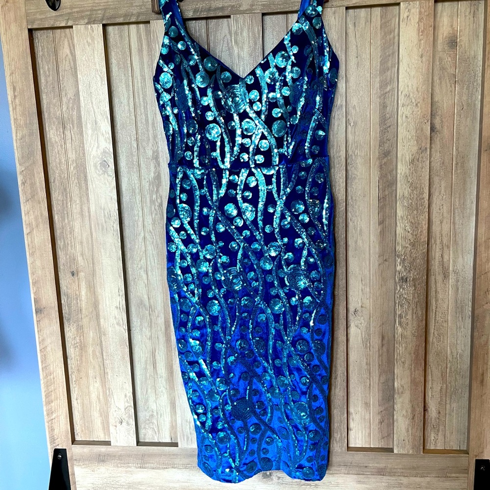 Tatyana blue velvet and sequin wiggle dress size medium.